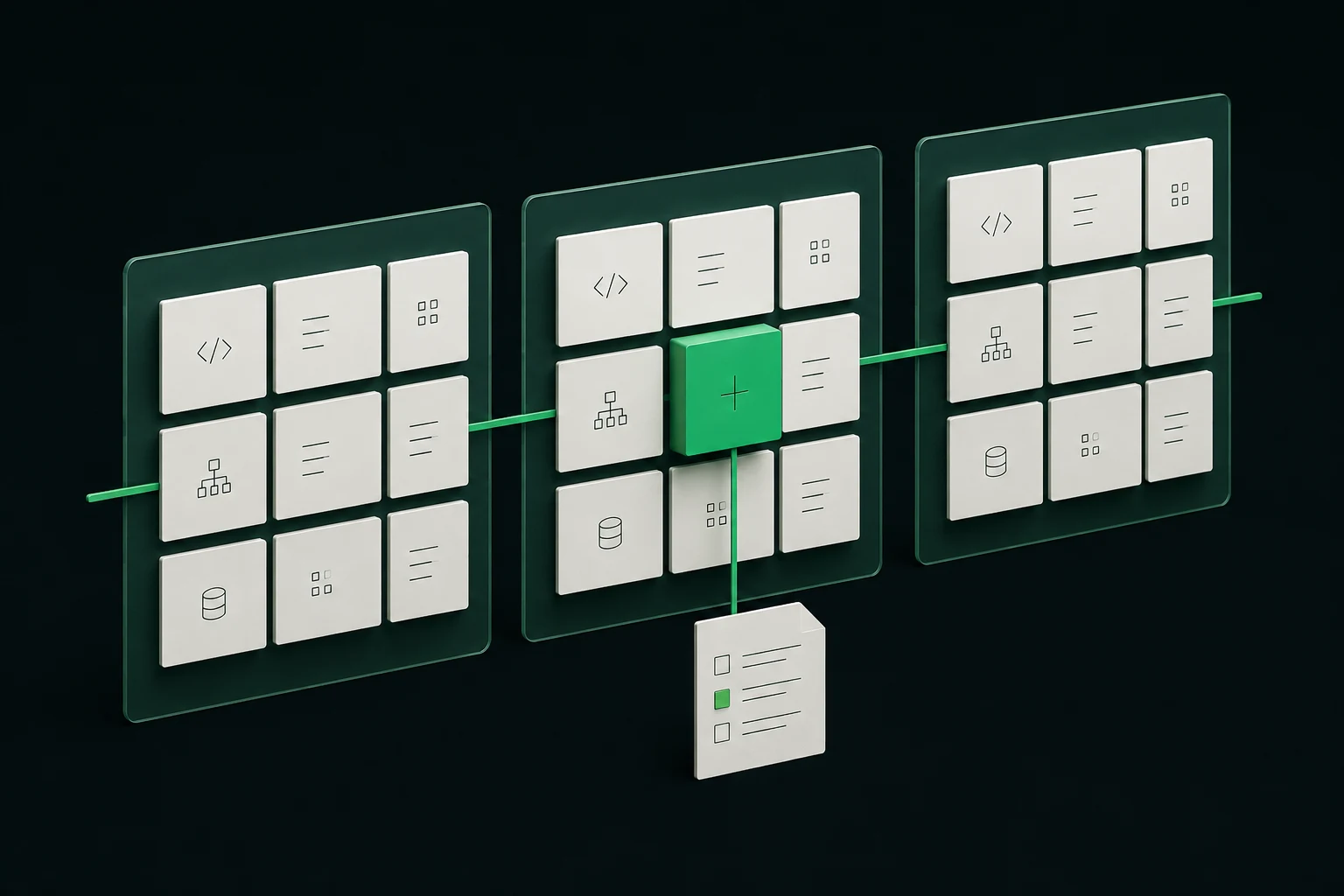 Three successive software snapshots connected by a green thread, with one changed component raised out of the middle snapshot for review.