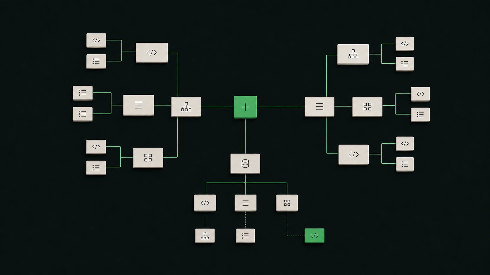 An overhead dependency map connects raised software modules, with a hidden indirect dependency highlighted in green.
